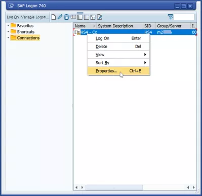 Add server in SAP GUI 740 in 3 easy steps : Properties option of SAP application server entry in SAP GUI 740