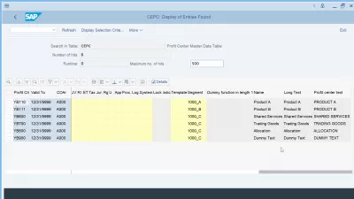SAP S/4HANA लाभ केंद्र | तालिका CEPC : तालिका दर्शक में प्रदर्शित CEPC तालिका के क्षेत्र