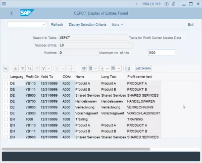 SAP S/4HANA Profit Center | CEPC mahaia : Irabazien zentroaren deskribapen taula SAP CEPCT-en content displayed in SE16N transaction