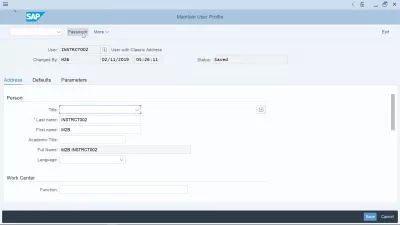 Comment changer le mot de passe dans SAP? : Bouton de changement de mot de passe dans l'écran de maintenance du profil de l'utilisateur