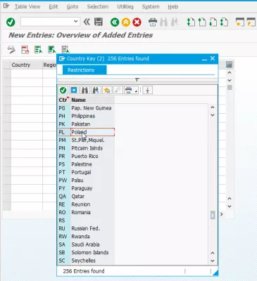 Tworzenie kodu miasta SAP : Wybór kraju dla kodu miasta