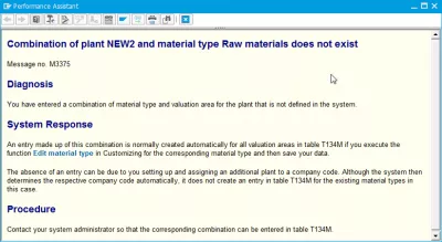 Combination of plant and material type does not exist : Error description message number M3375 combination of plant and material does not exist