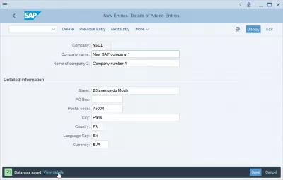 Create a company code in SAP FI : Company code created in SAP FI