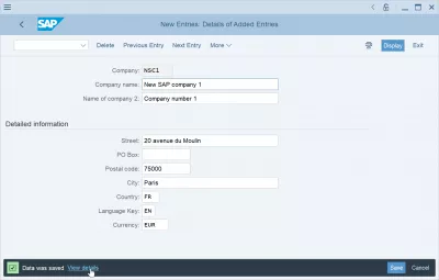 Create a company code in SAP FI : New company code successfully saved in the system