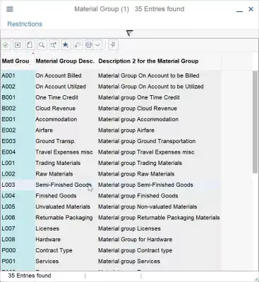 Kā izveidot materiālu SAP? : Materiālu grupas atlase