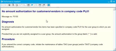 SAP: Selesaikan kesalahan tanpa otorisasi jumlah untuk pelanggan / vendor dalam pesan kode perusahaan F5155 : Pesan kesalahan SAP F5155