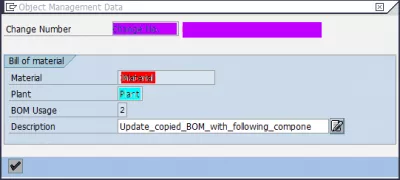 Como modificar a lista técnica no SAP : Fig 6: SAP CS02 Modificar lista técnica de material: Dados de administração de objeto Inserir uma descrição de modificação