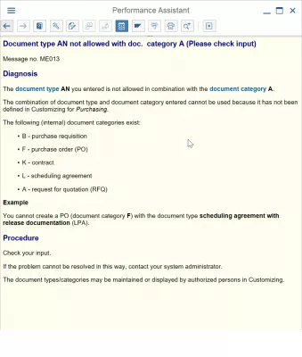 Rešite napako SAP RFQ ME013 Vrsta dokumenta ni dovoljena z dok. kategorija : Sporočilo o napaki ME013 vrsta dokumenta AN ni dovoljena z dok. kategorija A (prosimo, preverite vnos)