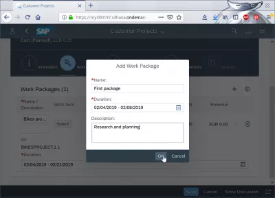 Cum să planificați un proiect pentru clienți în SAP Cloud? : Adăugarea unui pachet de lucru nou