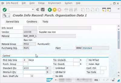 Zakup rekord informacji w SAP MM S4HANA : ME11 Utwórz dane organizacji zaopatrzenia w rekord informacji 1