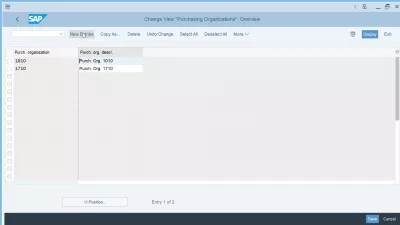 أوضحت منظمة المشتريات في SAP: الإنشاء ، التعيين ، الجداول : منظمات المشتريات زر إدخالات جديدة