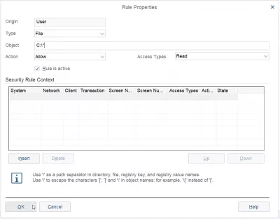 Alisin Ang Mga Notification Ng SAP Gui : Larawan 6: SAP GUI Security Rule Properties, pagdaragdag ng isang bago upang mapupuksa ang error Ang isang pagkilos na na-trigger ng server ay tinanggihan sa SAP