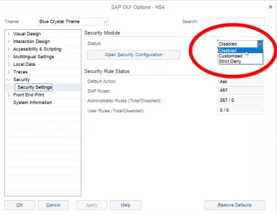 SAP Gui Turvavärskenduste Eemaldamine : Joonis 4: SAP GUI turvaseadete valikud, turvalisuse muutmine kohandatud keelatud