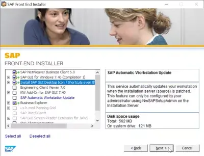 Etapes d'installation de l'interface graphique SAP 740 : Sélection des composants SAP à installer