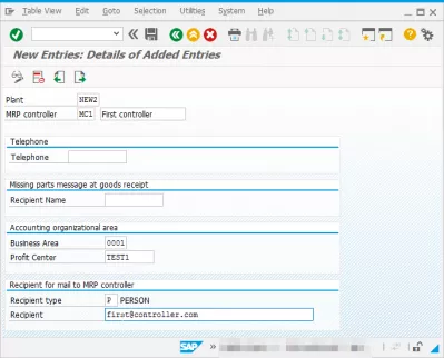 SAP MRPコントローラの定義（資材所要量計画） : MRPコントローラ登録画面