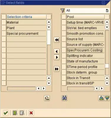 SAP เปลี่ยนแปลงวัสดุหลักของวัสดุ : รูปที่ 10: เลือกตารางและฟิลด์ข้อมูลหลักของ SAP Material