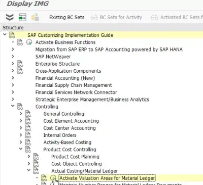 Mensagem SAP C + 302 Ledger de materiais não ativo no centro : Ativar áreas de avaliação para o ledger de materiais no SPRO