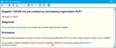 SAP Purchase Info Record Supplier not yet created by purchasing organization : SAP description of the error in performance assistant