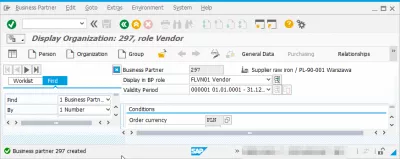 SAP Osto Info Record Toimittaja ole vielä luotu osto-organisaatio : Liikekumppani BP myyjän luominen menestysviesti