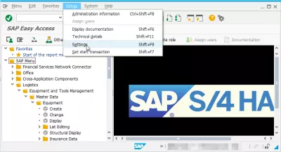 Afficher les noms techniques dans SAP : Accès au menu Extras> Paramètres