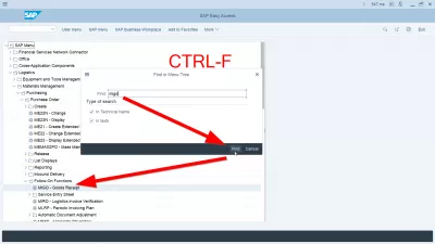 Display technical names in SAP : Searching for an SAP transaction code in the SAP menu