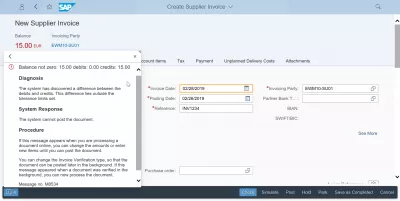 Ang paglutas ng balanse ng isyu ay hindi zero habang lumilikha ng invoice ng supplier sa SAP : Balanse hindi zero error na mensahe sa SAP FIORI