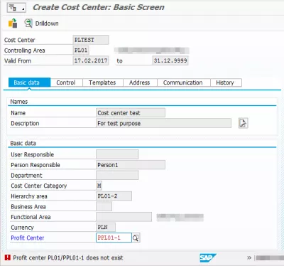 El centre de beneficis no existeix per a la data SAP : Error durant la creació del centre de costos