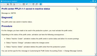 Le centre de profit n'existe pas pour la date SAP : Description de l'erreur détaillée de l'assistant de performance