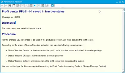 El centro de beneficio no existe para la fecha SAP : Descripción detallada del error del asistente de rendimiento