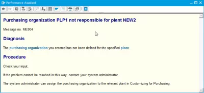 How to solve SAP Purchasing organization not responsible for plant : Purchasing organization not responsible for plant error description in Performance Assistant 