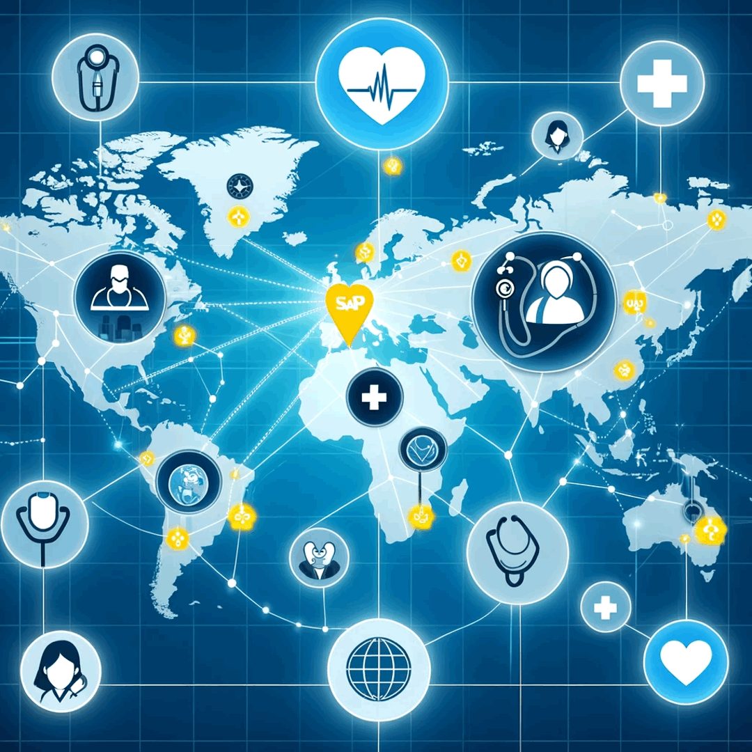 Illustration of a global remote SAP team connected across a map, symbolized by health icons, highlighting the importance of health insurance for team wellbeing. 