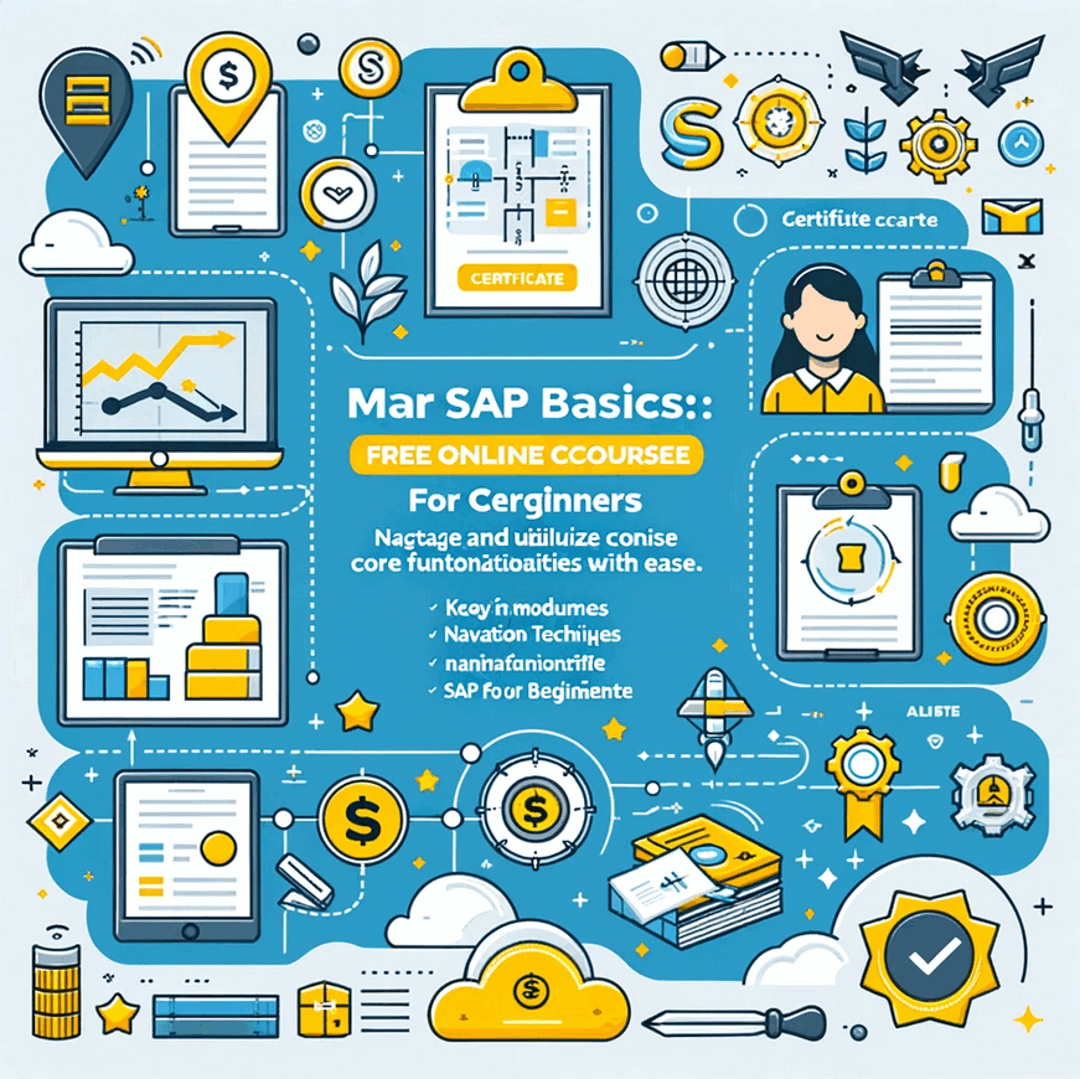Visually outlines the key modules, navigation techniques, and core functionalities of SAP for beginners, with a focus on helping newcomers master SAP basics easily.